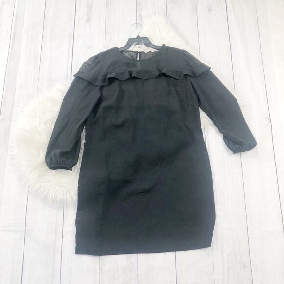 🆕 LOFT Black Sheer‎ Dot Yoke Shift Ruffle Back Button Round Neck Dress Size 14 - Picture 2 of 5